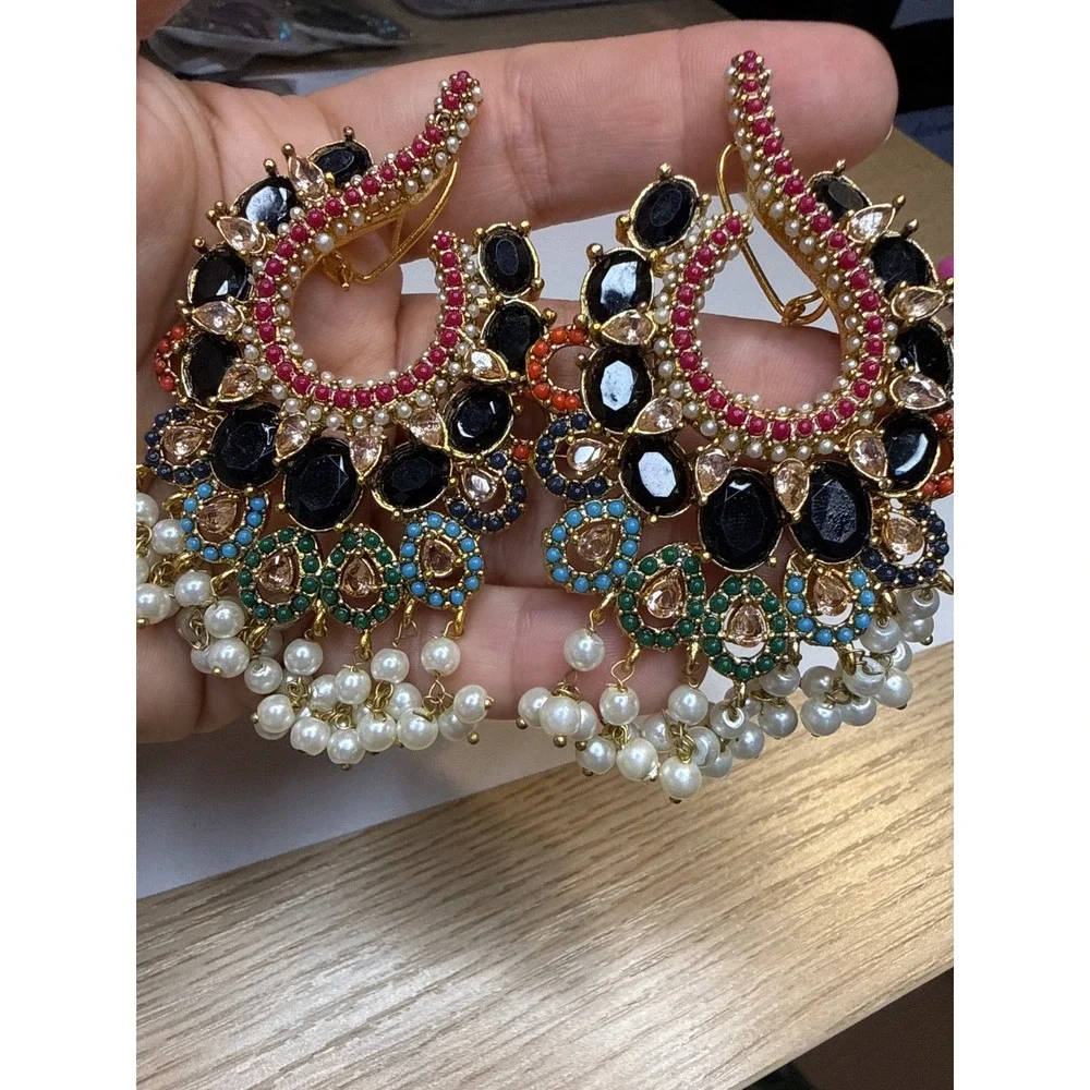 Black And Multicolor Turkish Statement Earrings Gold‎ Tone Pierced Double Lock